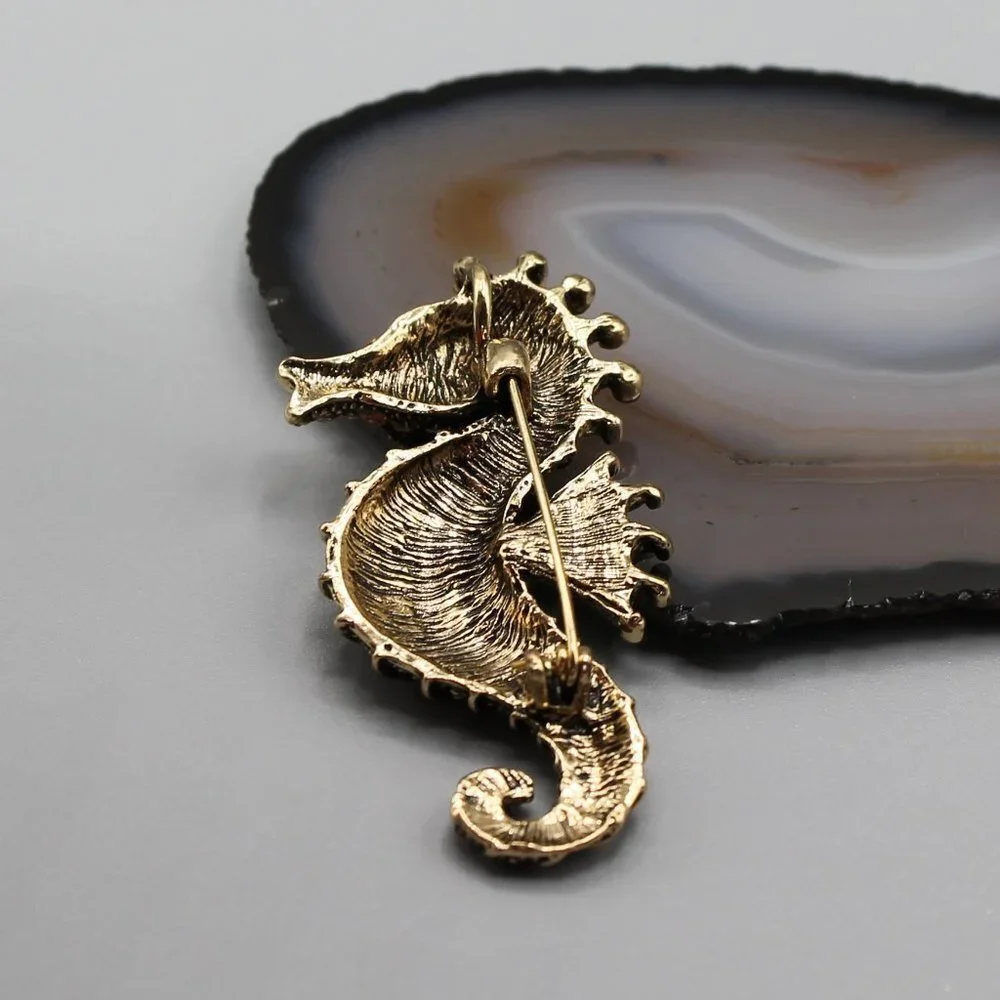 Jewelry pin brooch seahorse water animal crystals gold tone brown green new